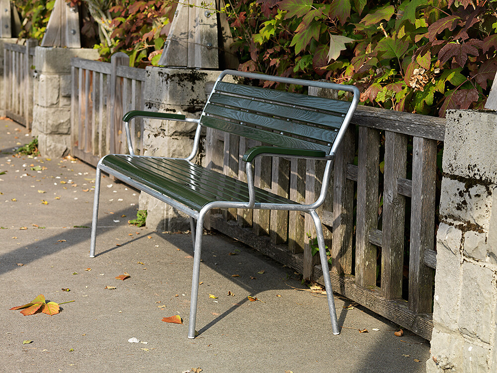 Grüne Gartenbank mit geschwungenen Armlehnen und Metallgestell an Holzlattenzaun