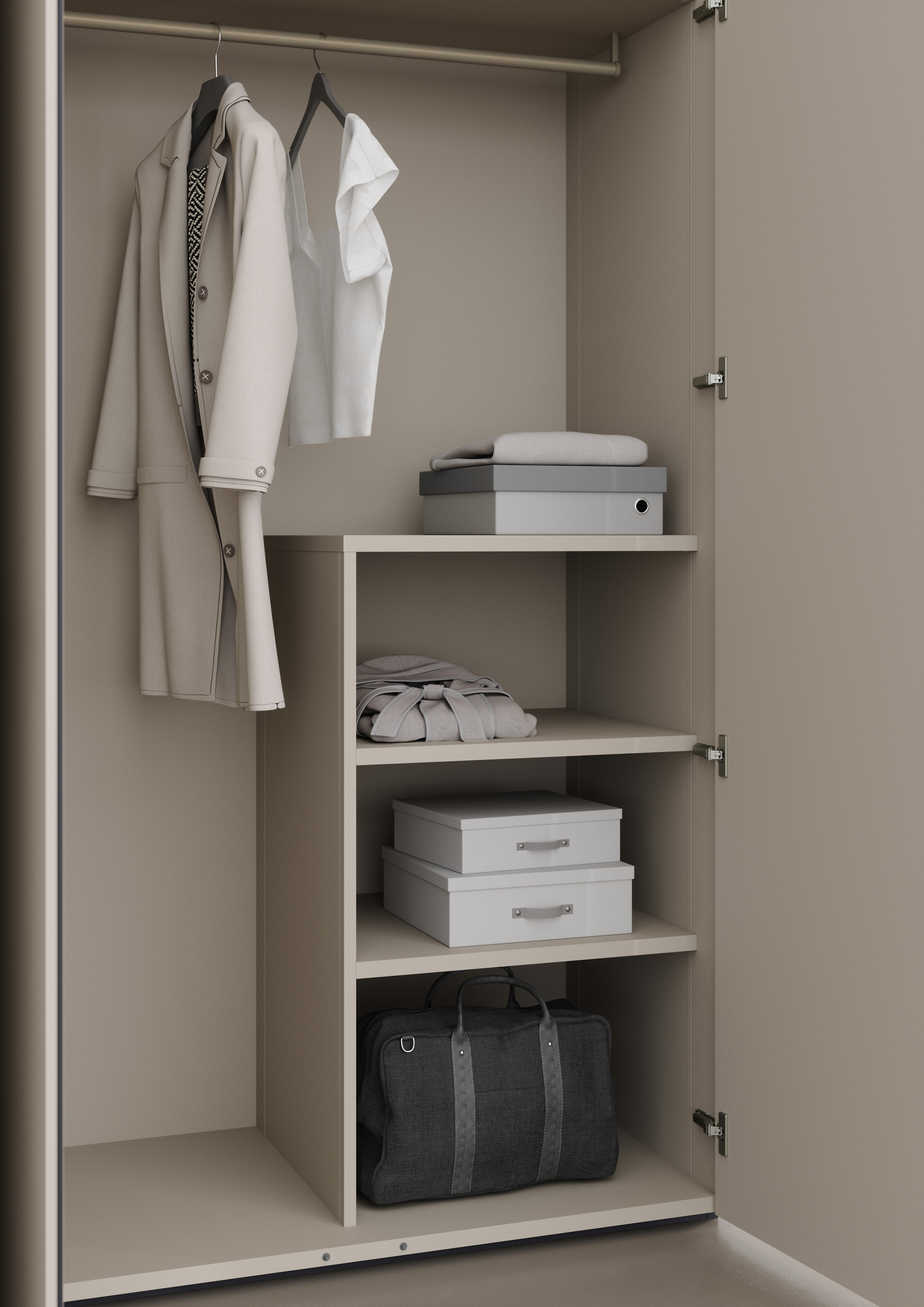 Kleiderschrank mit offenen Regalfächern, Kleiderstange und ordentlich gefalteten Textilien  