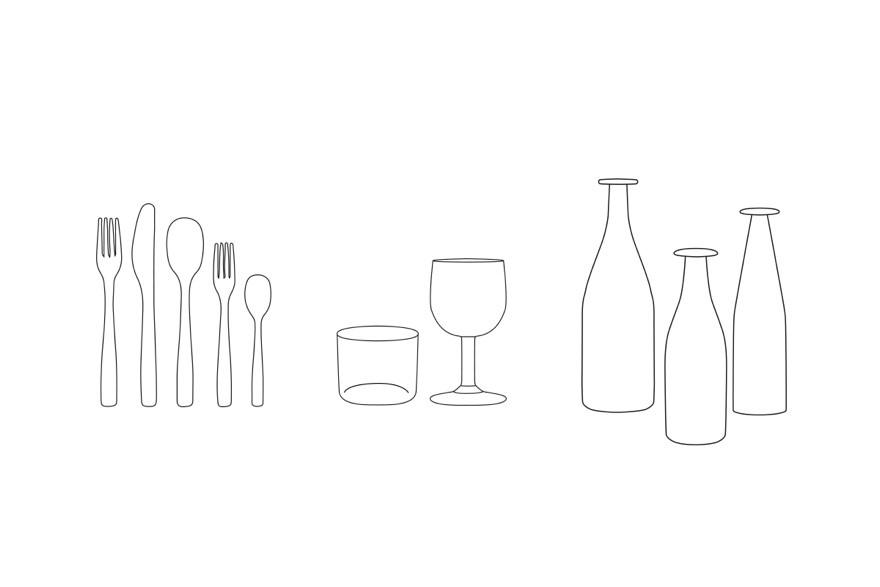 Piktogramm mit Geschirr, Gläsern und Karaffen. Darstellung des Bereichs Accessoires und Tischkultur.
