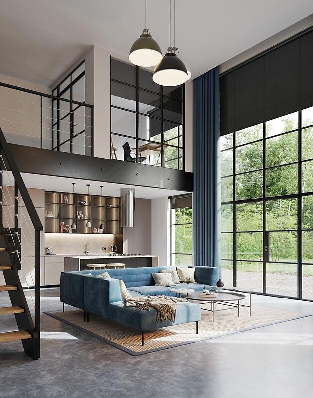 Raumhohe Fenster mit dunklen Rollos und Vorhängen in moderner Wohnküche