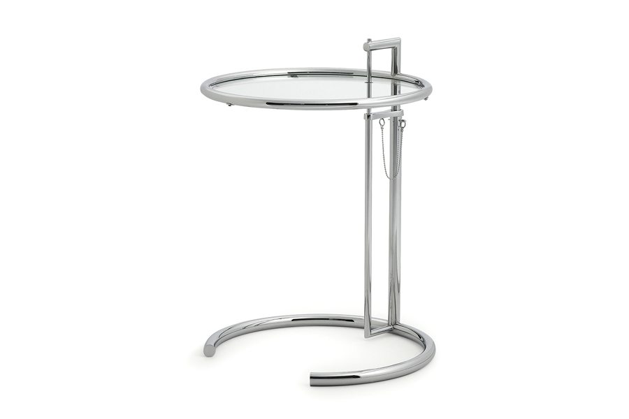 Adjustable Table Beistelltisch E1027 von Eileen Gray mit rundem Glasplatte und Gestell aus verchromtem Stahlrohr.