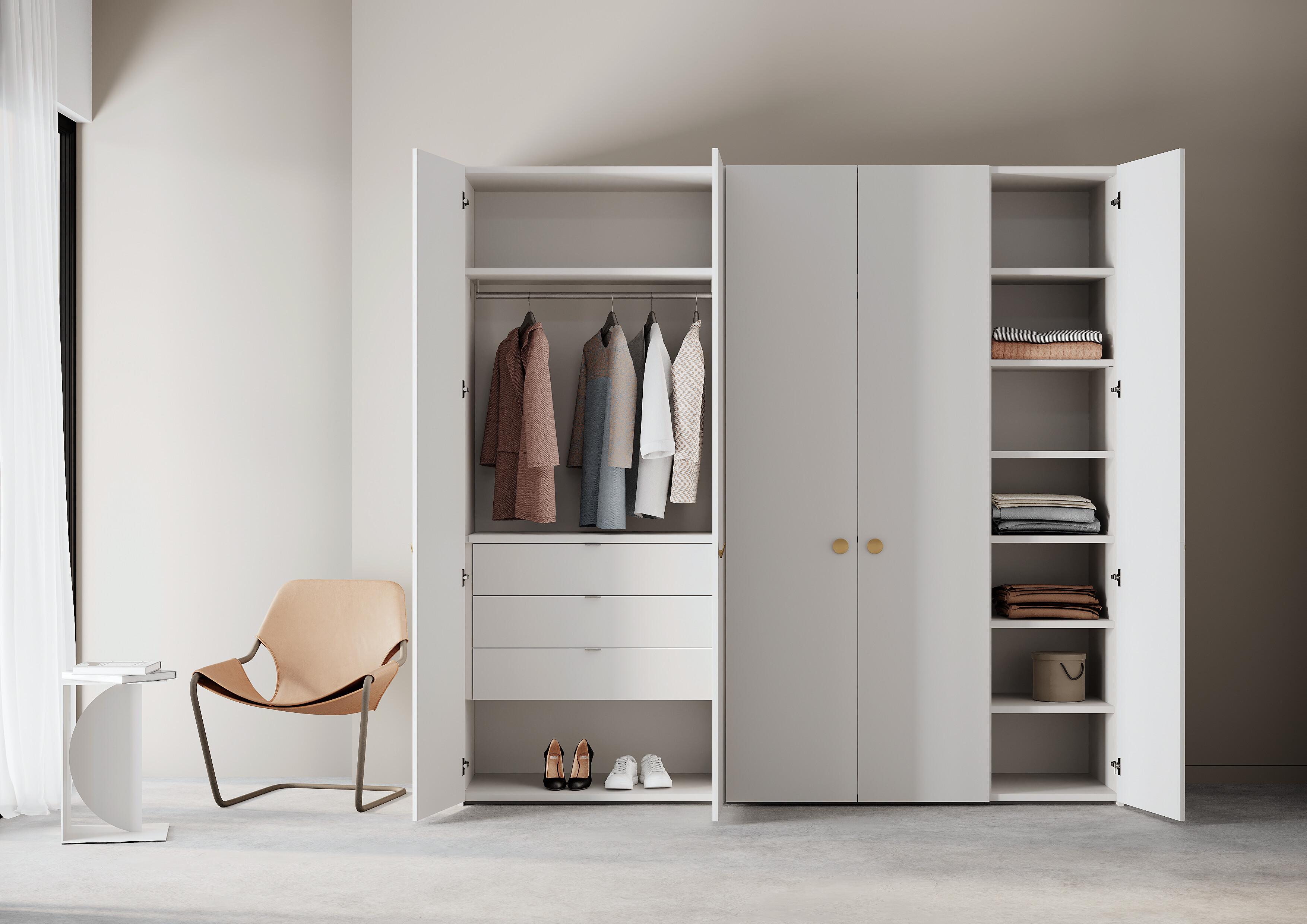 Kleiderschrank mit offener Struktur, Hängeelementen und Schubladen