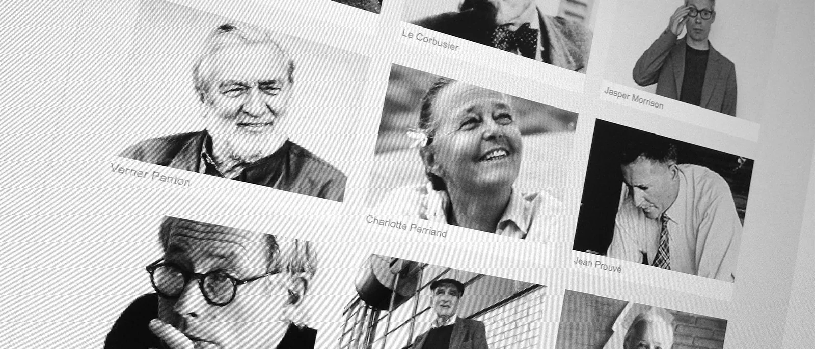 Schwarz-weiße Porträtaufnahmen bekannter Designikonen wie Verner Panton und Charlotte Perriand