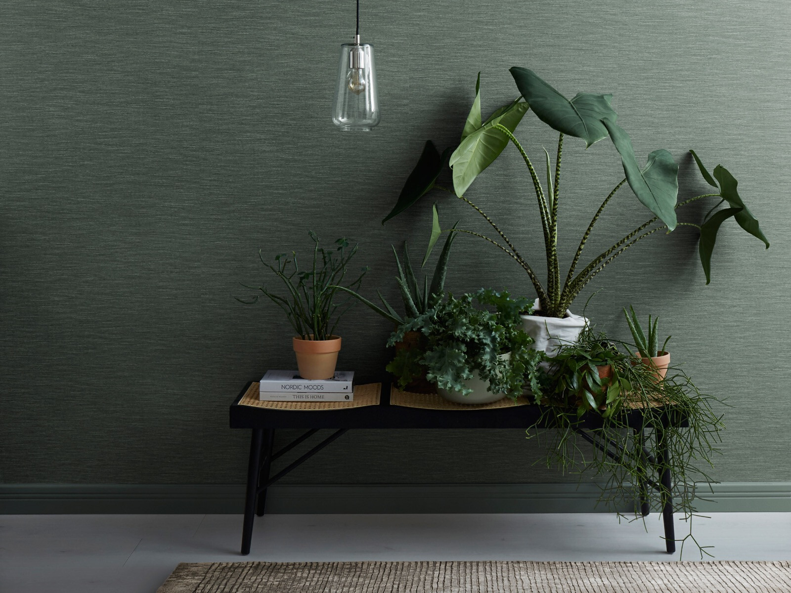 Grüne Tapete mit Struktur hinter Konsole mit Topfpflanzen und Glasleuchte  