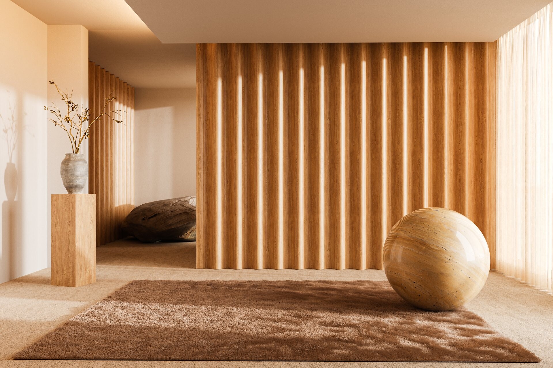 Brauner Teppich von Longbarn auf hellem Boden vor Wand mit vertikalen Holzlamellen