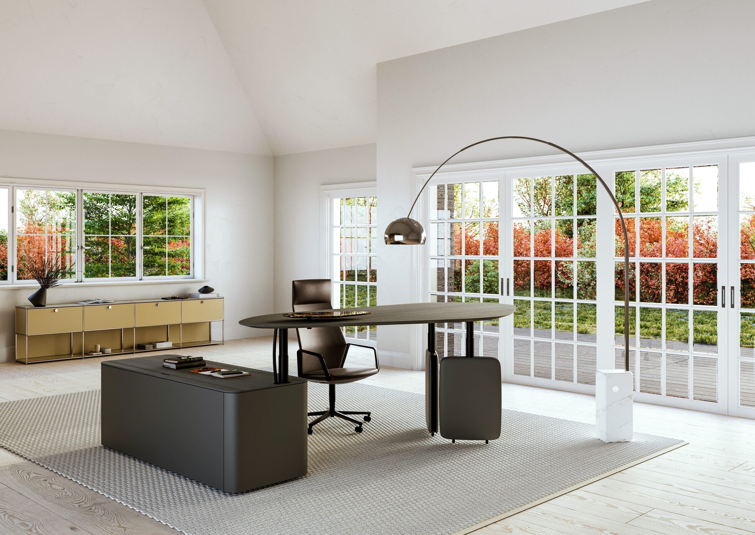 Großzügiges Homeoffice mit gebogenem Schreibtisch, Teppich und Panoramafenstern