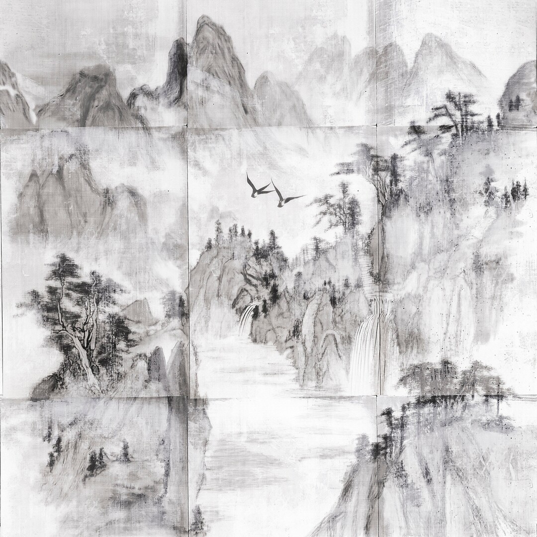 Asiatische Landschaft mit Bergen, Bäumen, Wasserfällen und zwei fliegenden Vögeln