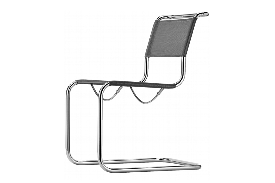 Freischwinger-Stuhl nach Mart Stam mit verchromtem Stahlrohrgestell und Bespannung in Schwarz.  