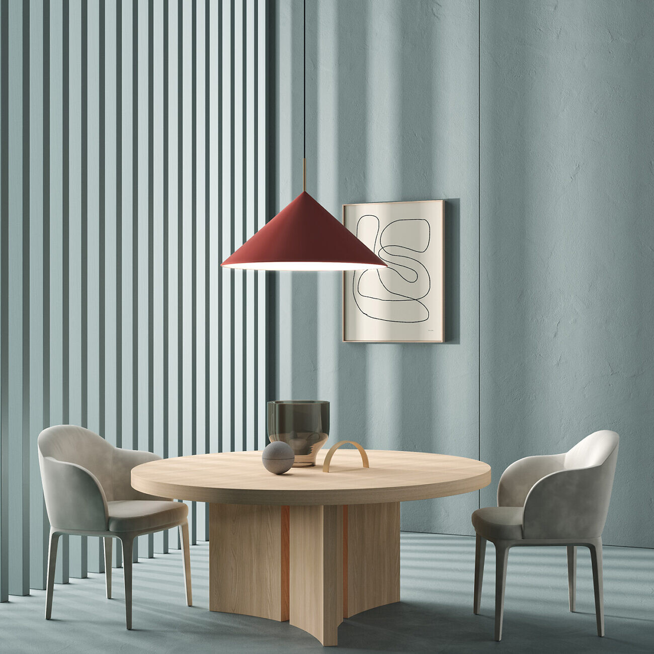 Essplatz mit runder Holztafel, grauen Stühlen und roter Pendelleuchte