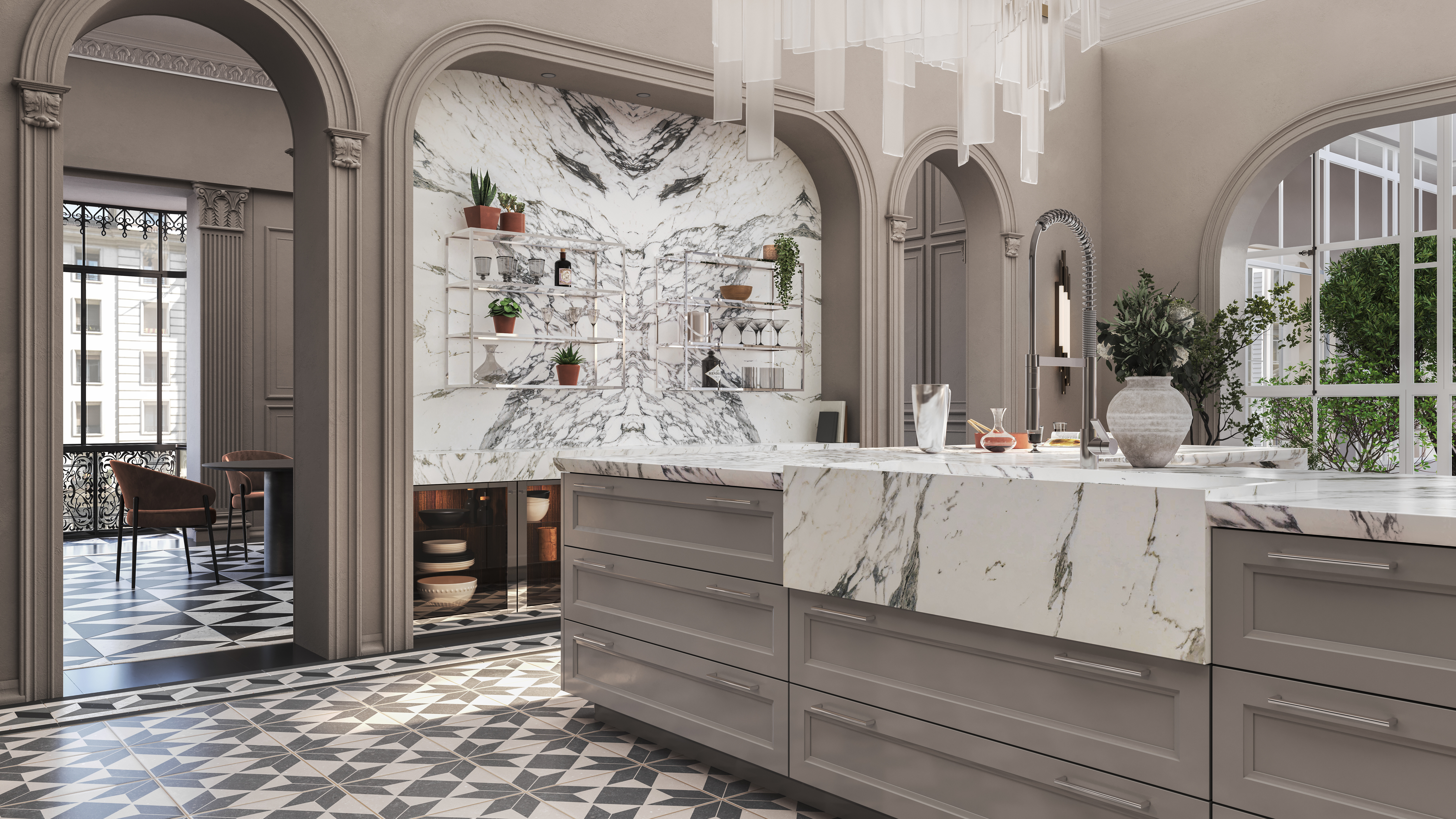 Großzügige Küche mit marmorierter Arbeitsfläche und Wand, klassische Architektur von SieMatic