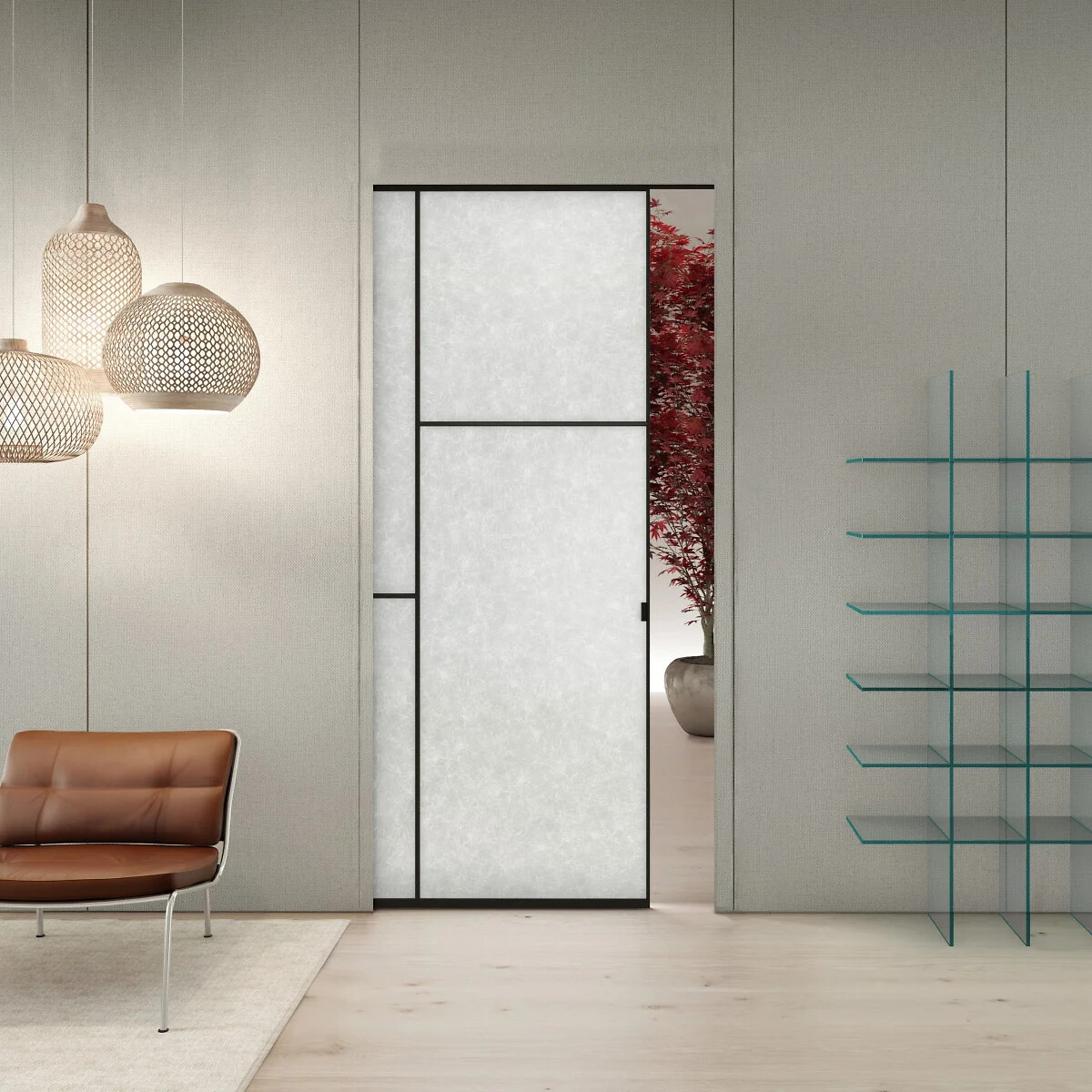 Glastür mit Teilungen in hellem Raum mit filigranem Glasregal.