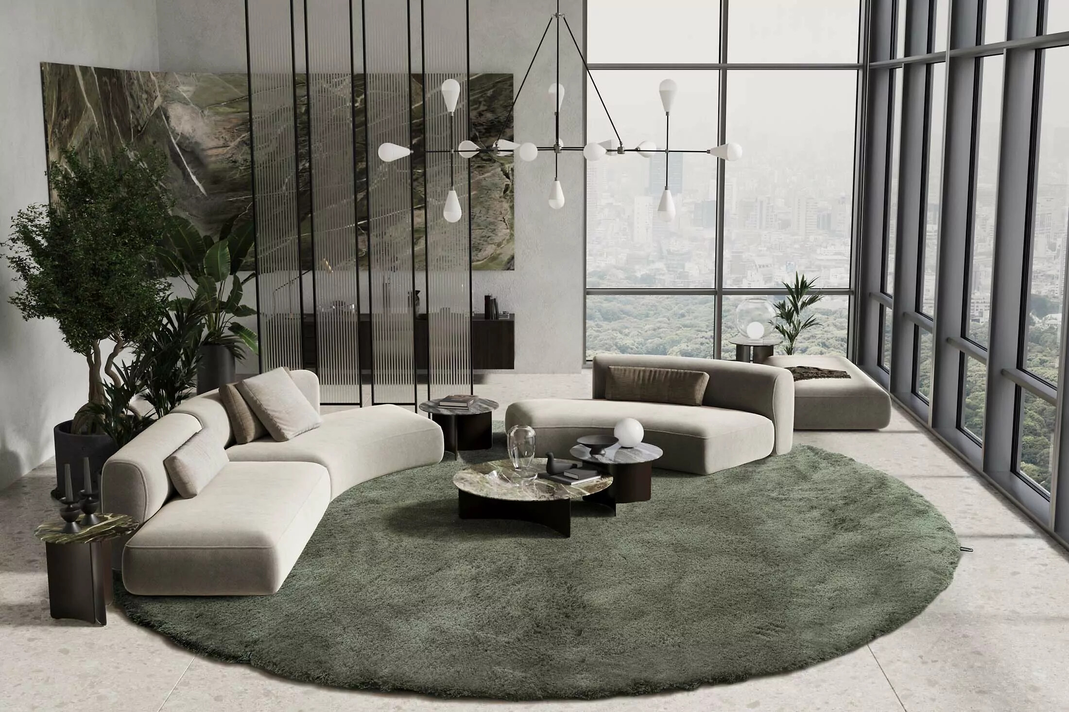 Runder, grünlich schimmernder Hochflorteppich mit modularen Sofas in urbanem Interieur  