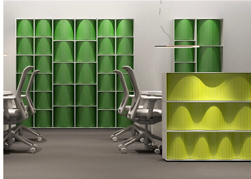 Grünes Regalsystem mit wellenförmiger Frontstruktur