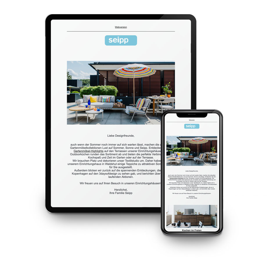 Digitaler Seipp Newsletter auf Tablet und Smartphone mit Bild einer Sommerterrasse, Begrüßungstext und Inspirationen zu Möbeln und Accessoires.