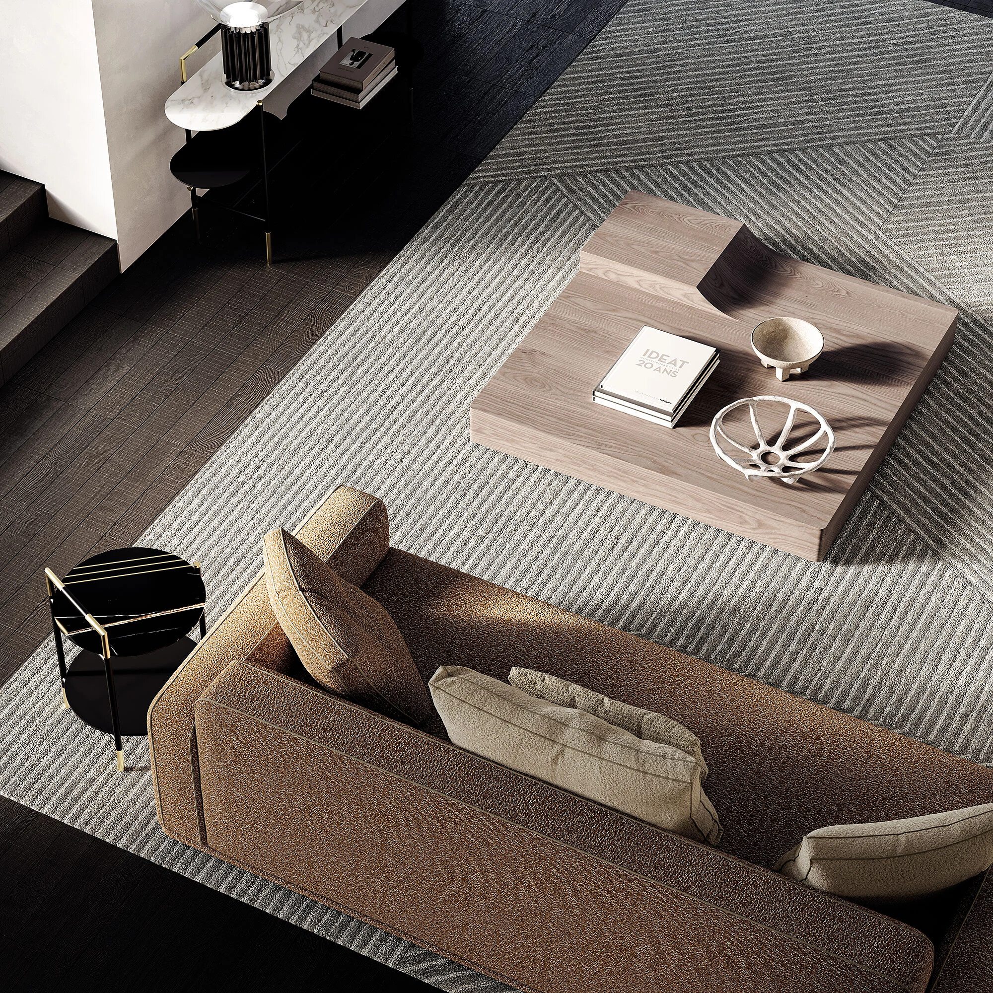 Eckiger Couchtisch Andorea aus Holz mit Stufung auf grafisch strukturiertem Teppich